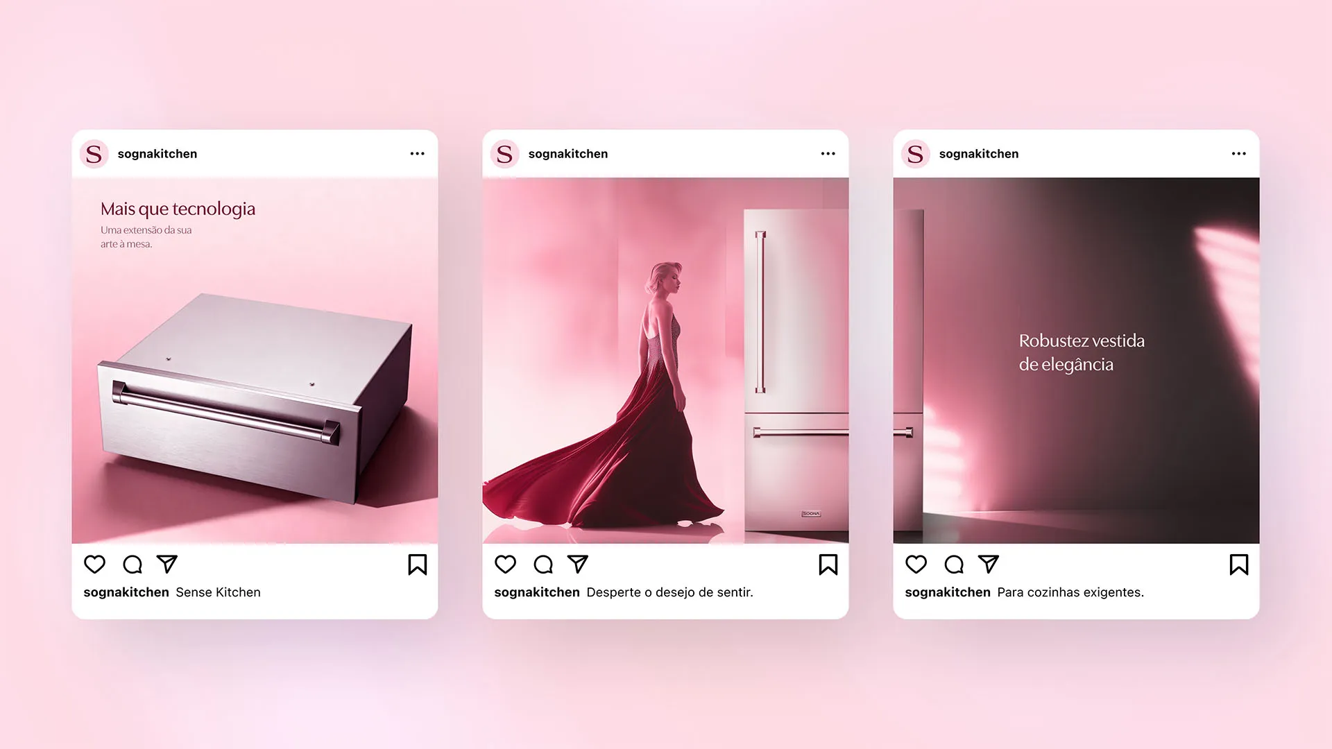 Posts de redes sociais da Sogna com eletrodomésticos de luxo, linguagem sensorial e identidade visual desenvolvida pela Toomorrow Branding.