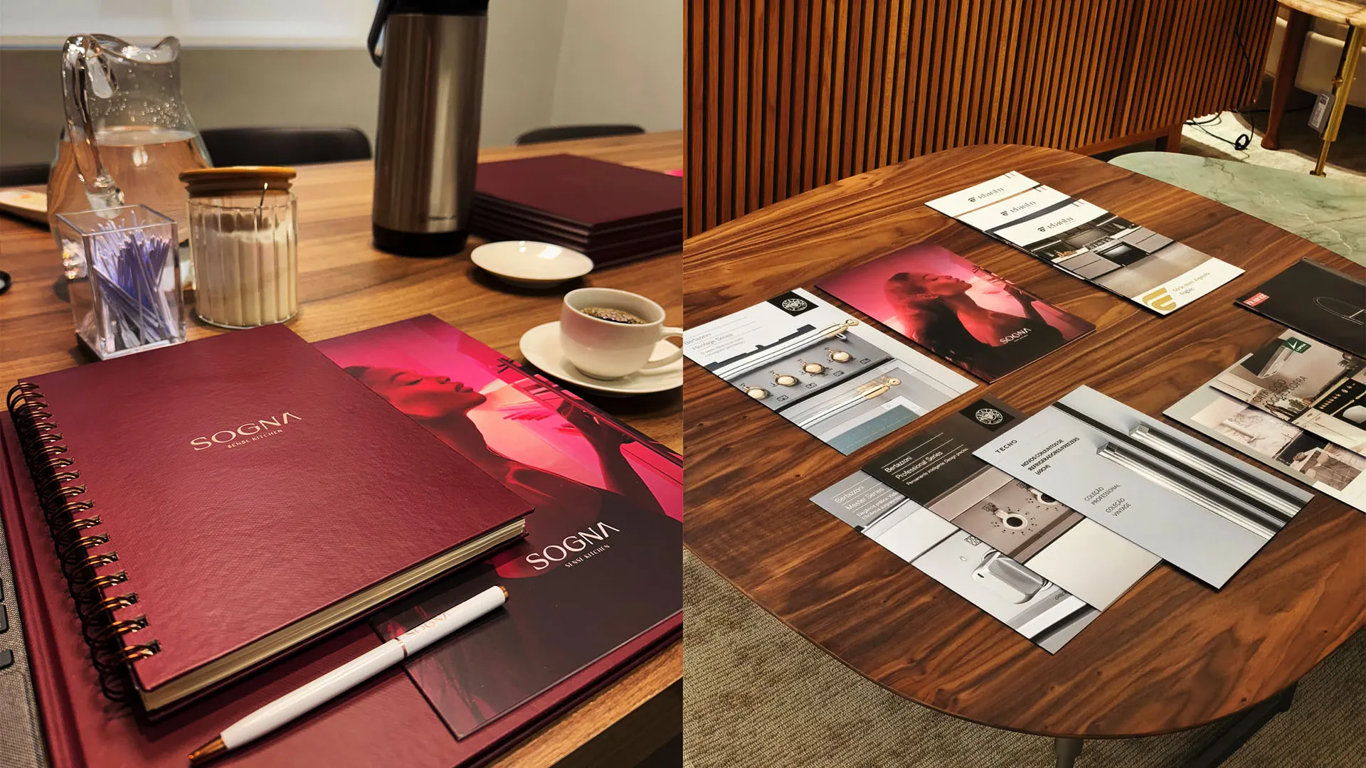 Materiais de apresentação da Sogna sobre mesa, com identidade visual, moodboards e peças estratégicas da marca.