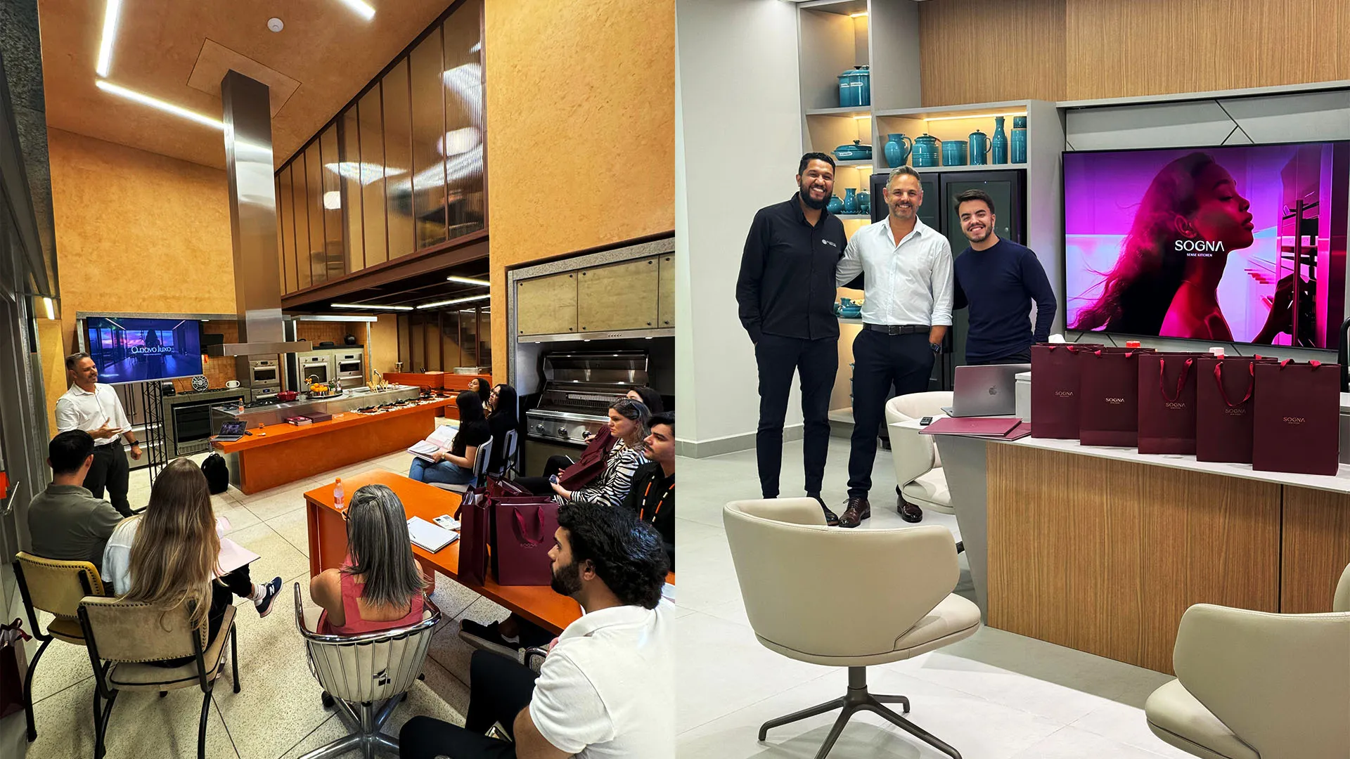 Apresentação da marca Sogna em showroom, com materiais impressos, equipe e identidade visual desenvolvida pela Toomorrow Branding.