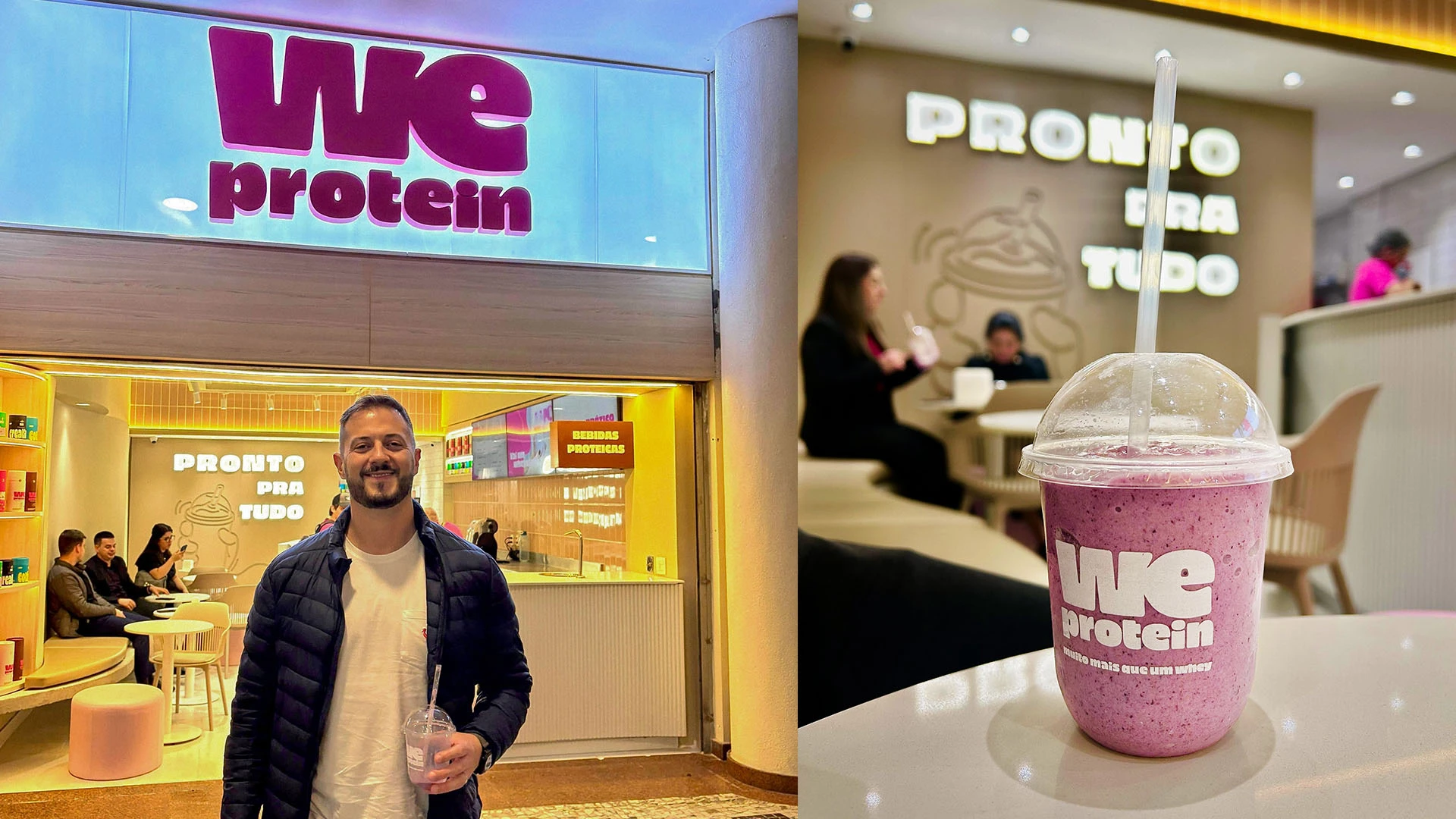 Loja da We Protein com aplicação da identidade visual e shake de proteína da marca em destaque.