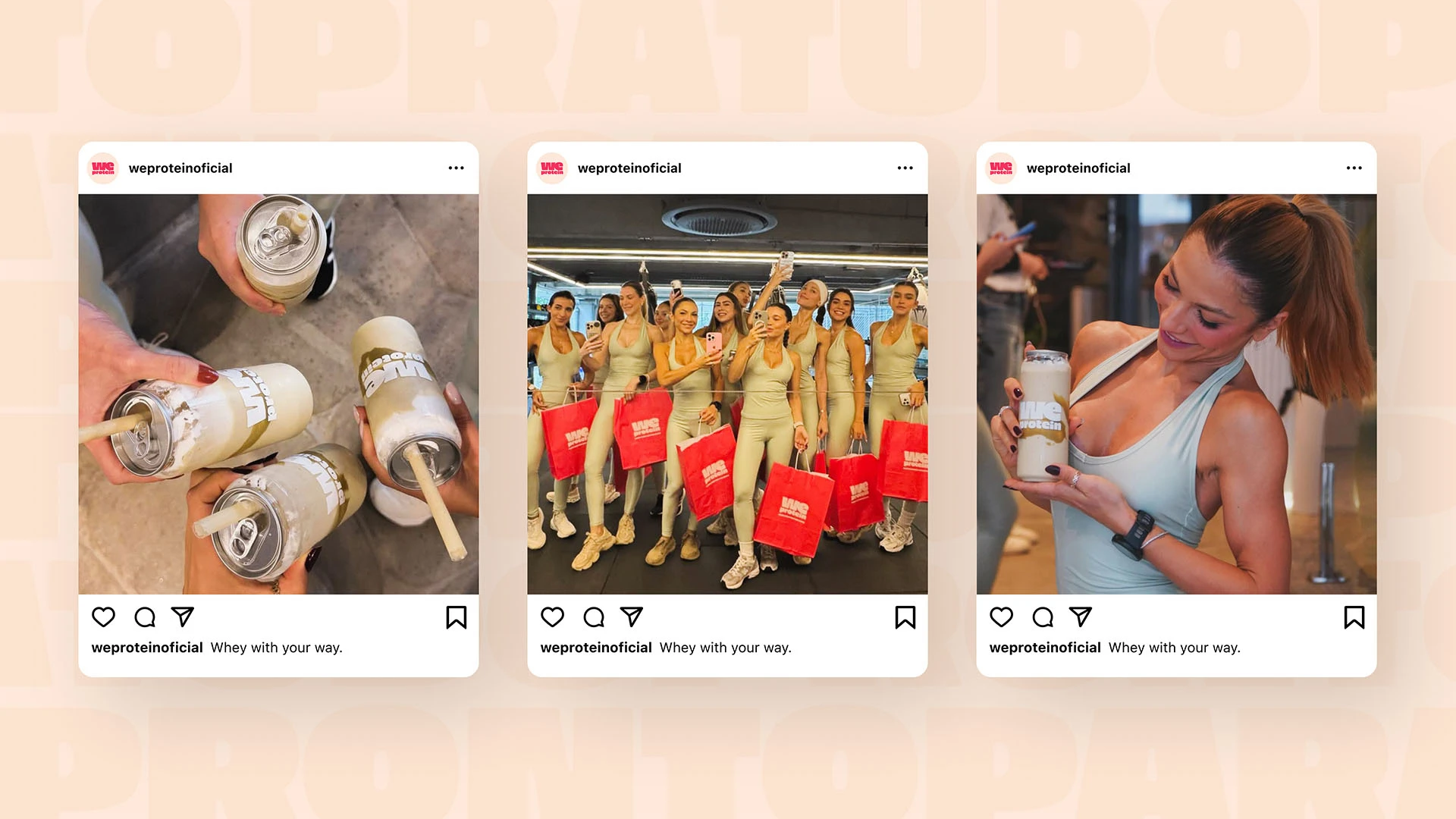 Posts de redes sociais da We Protein com shakes de proteína, ativações de marca e identidade visual desenvolvida pela Toomorrow Branding.