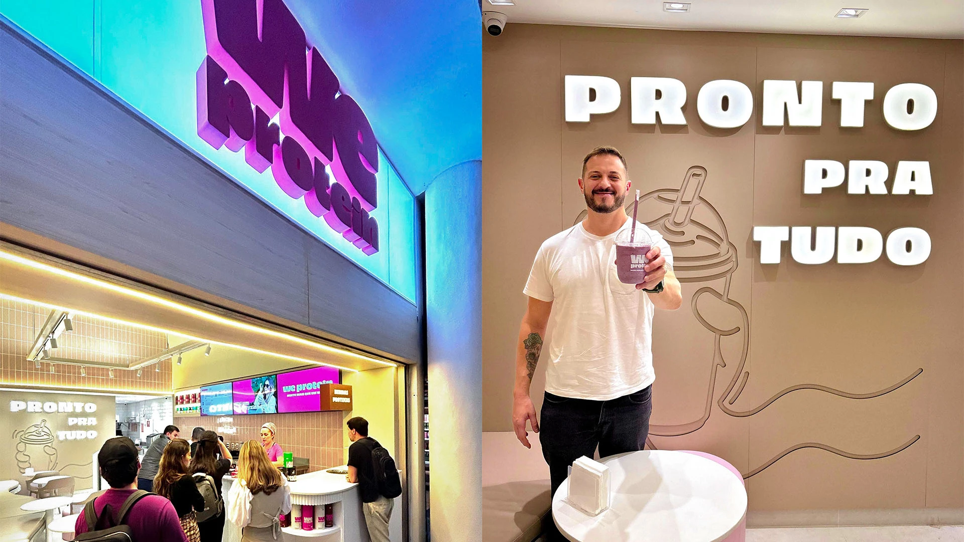 Ponto de venda da We Protein com fachada, sinalização, identidade visual e shake de proteína em destaque.