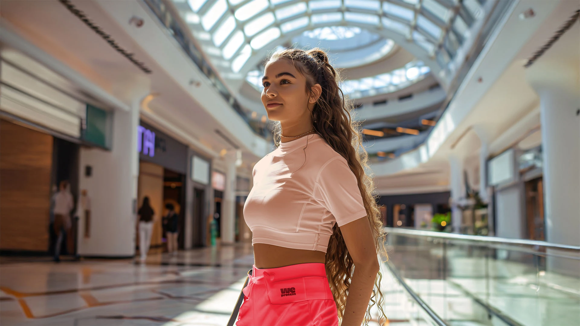Mulher em shopping com roupa esportiva da We Protein, representando a expressão jovem e ativa da marca.