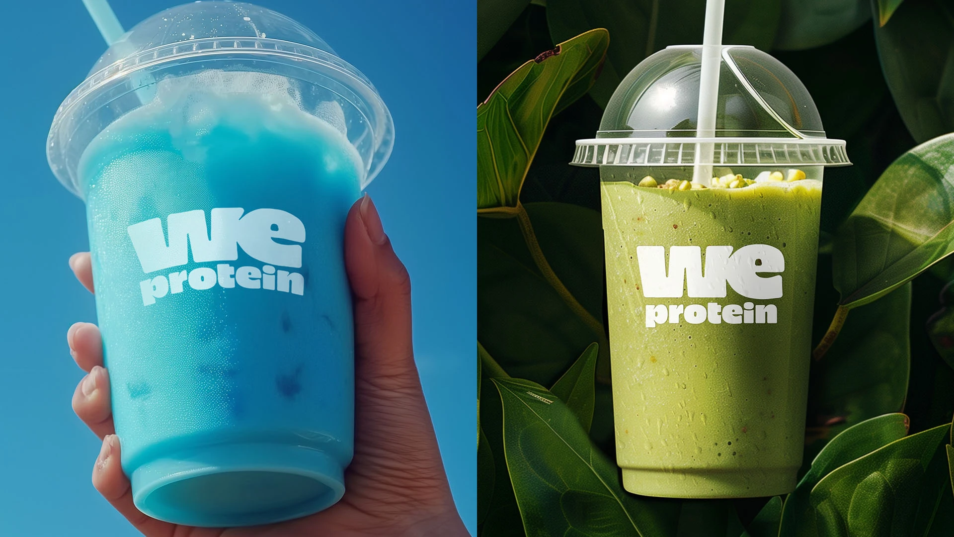 Shakes de proteína da We Protein em embalagens com identidade visual aplicada e cores vibrantes.