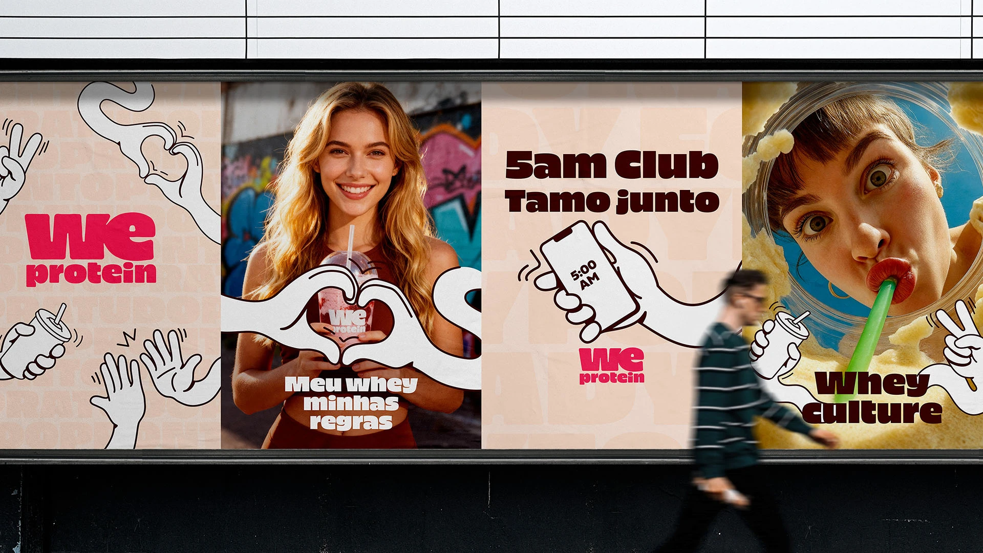 Campanha OOH da We Protein com peças de mídia externa, ilustrações proprietárias e linguagem jovem da marca.