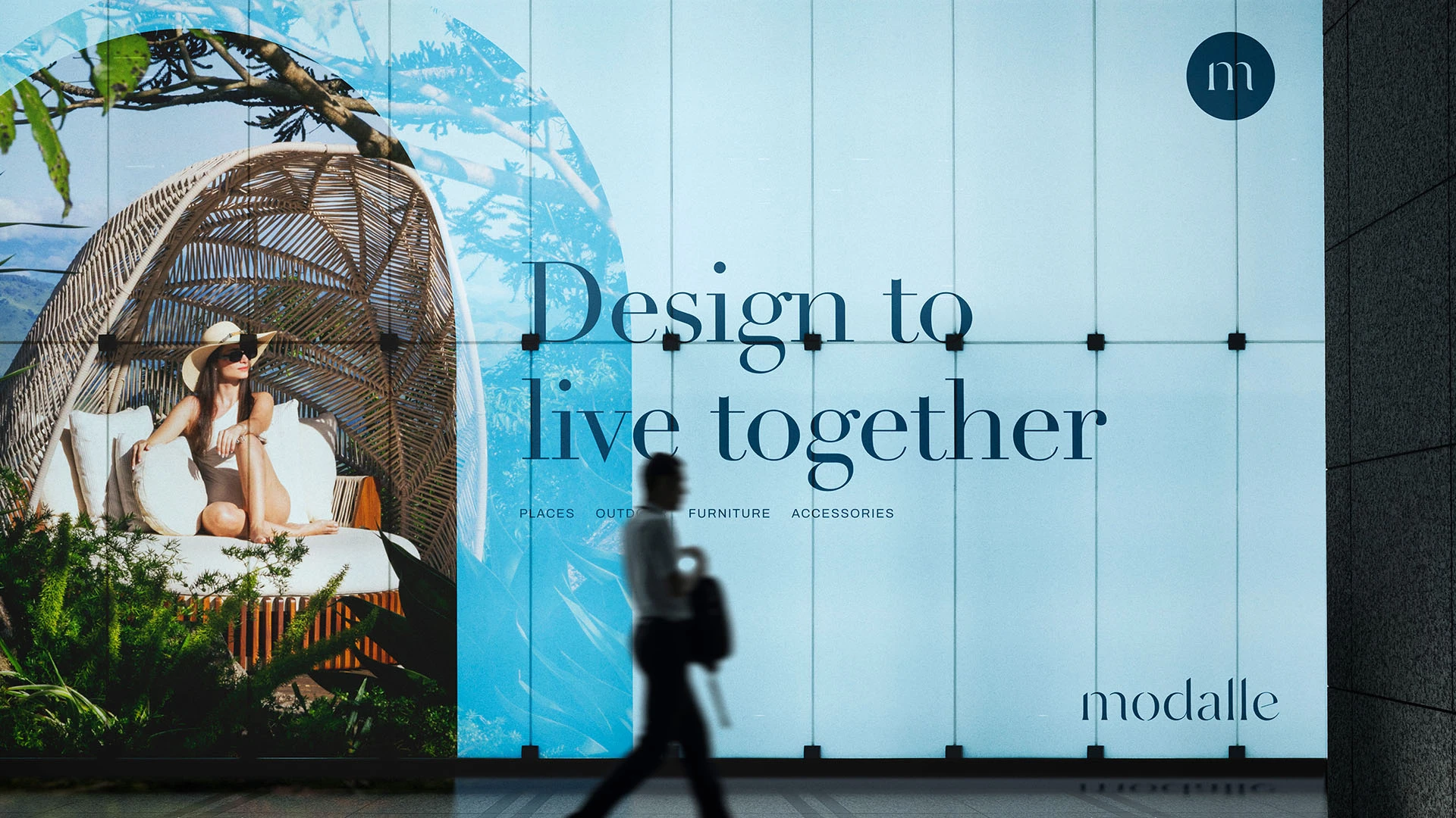 Campanha institucional da Modalle com mobiliário externo, mensagem “Design to live together” e identidade visual da marca.