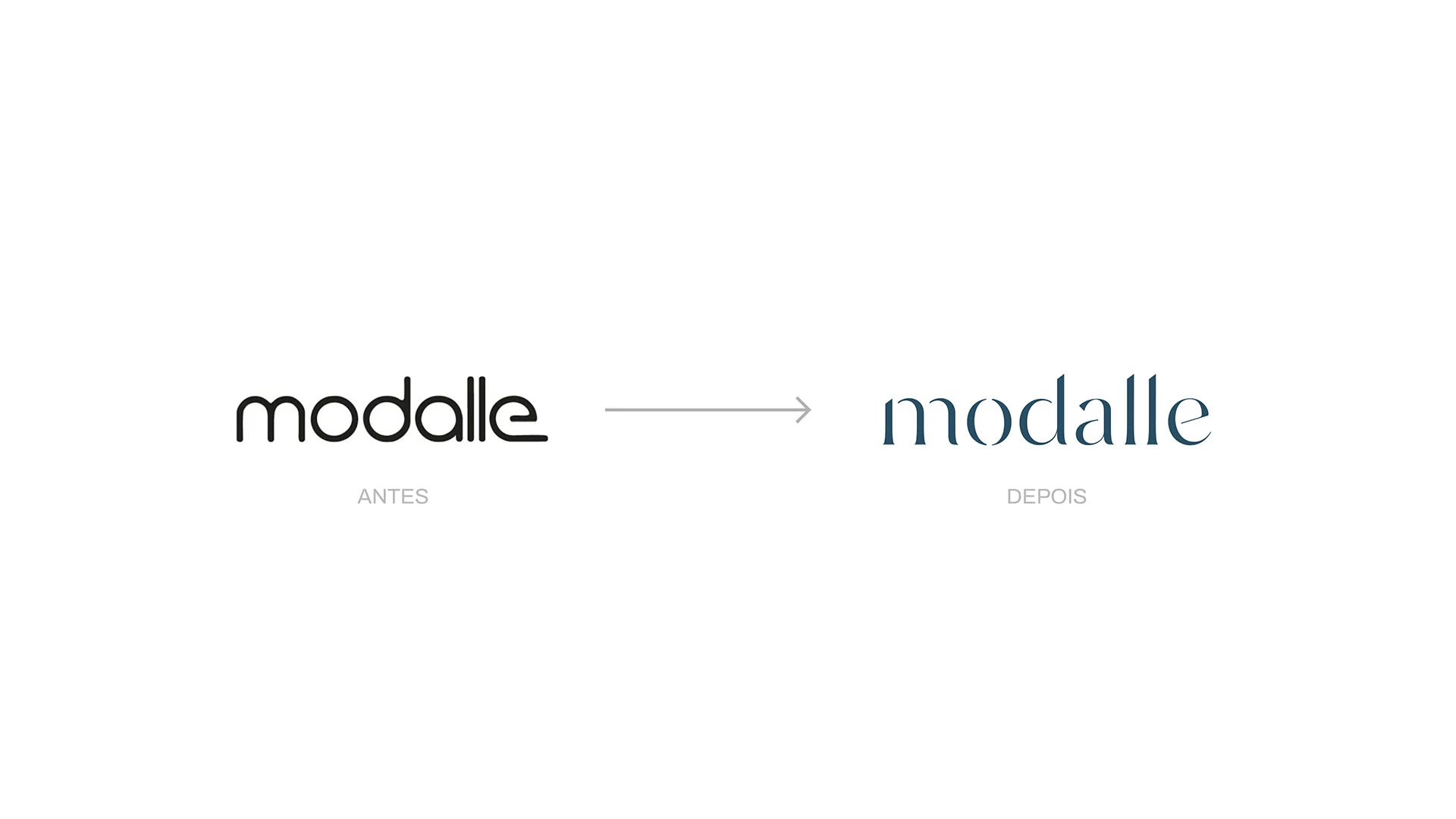 Comparativo antes e depois do logotipo Modalle, mostrando a evolução da identidade visual desenvolvida pela Toomorrow Branding.