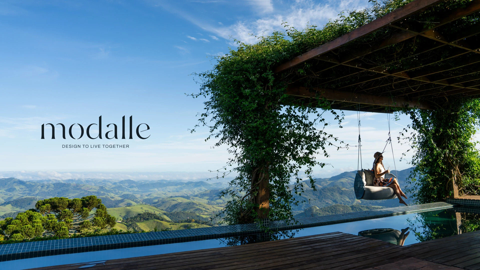 Imagem conceitual da Modalle com mobiliário externo, paisagem natural e assinatura Design to live together.
