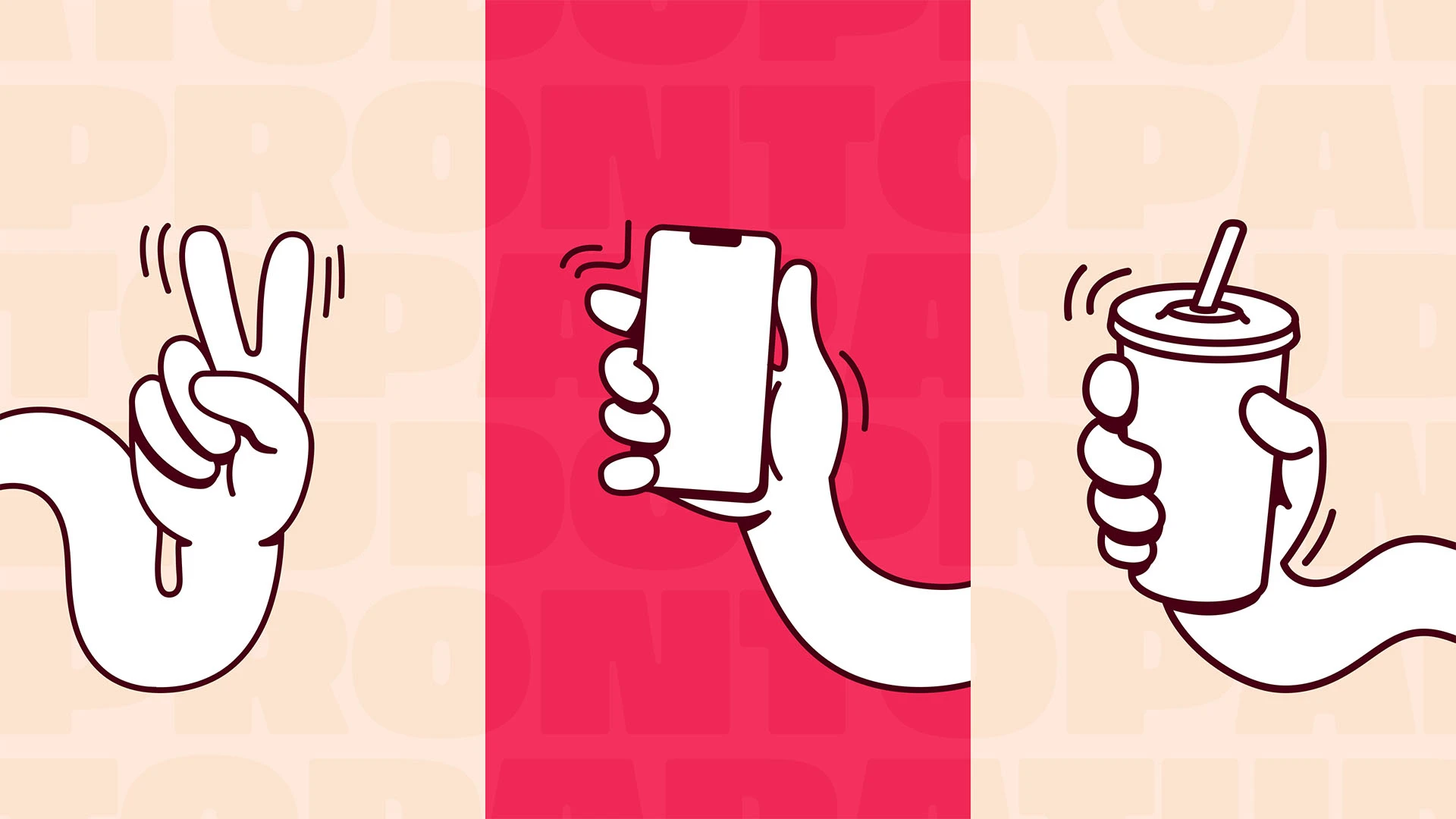 Ilustrações proprietárias da We Protein com mãos, celular e copo de shake, criadas para reforçar a identidade visual da marca.